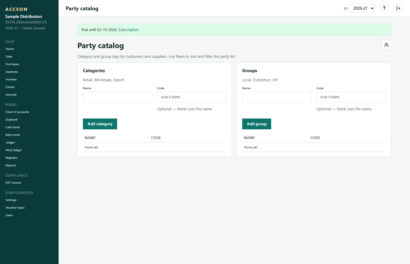 Party catalog