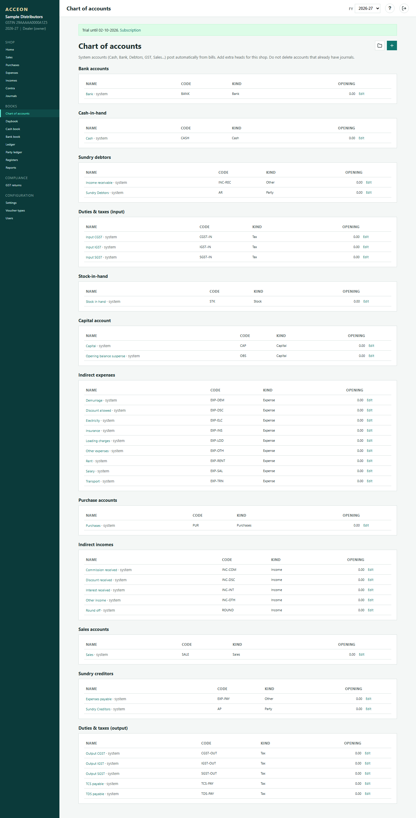 Chart of accounts