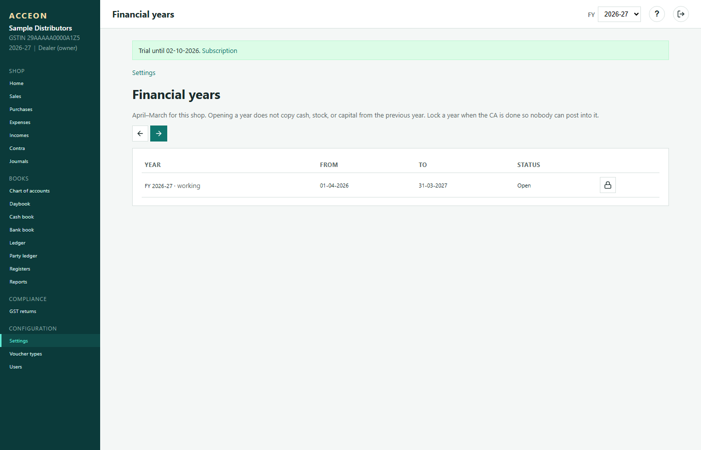 Financial years